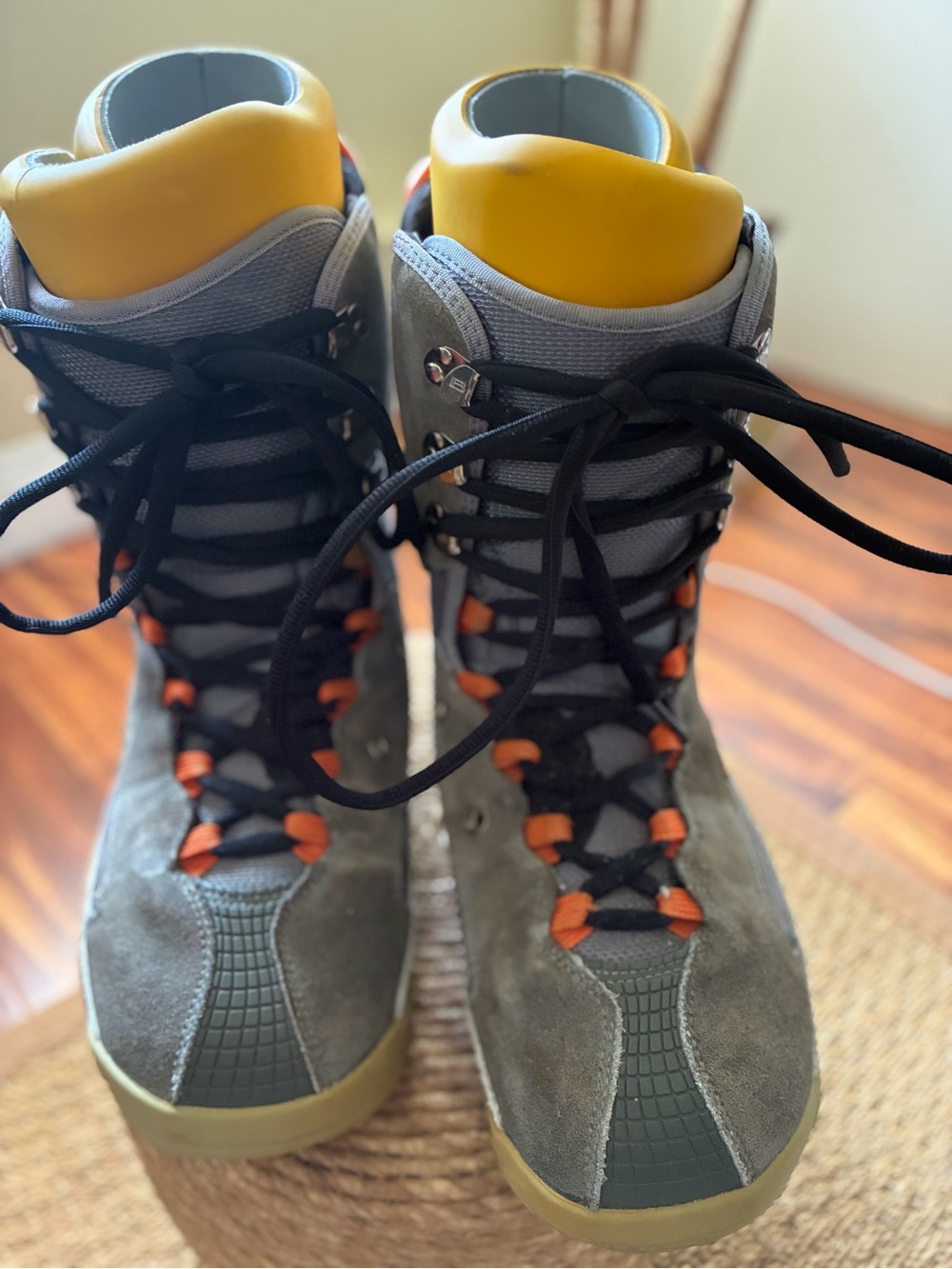 Vintage Burton Gray Suede Snowboarding Boots with Yellow Collar Size 13